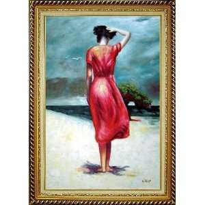  Beautiful Girl with Red Long Skirt Oil Painting, with Linen 