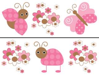 LADYBUG PINK BROWN BUTTERFLY BABY GIRL NURSERY FLORAL WALL BORDER 