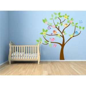 Kids tree vinyl wall decal with birds and garden daisy flowers and 