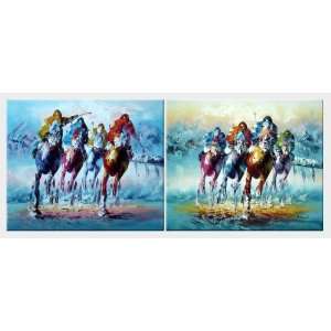  Horse Racing Galloping   2 Canvas Set Oil Painting 20 x 48 