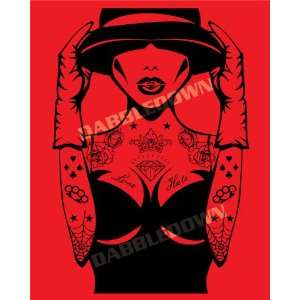   Rockabilly Tattooed Girl Art Graphic Illustration Red 