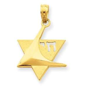  Star Of David with Cut Out Chai Pendant in 14k Yellow Gold 