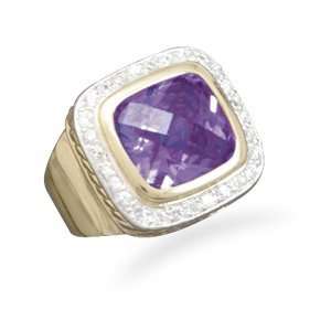 Silver and 14 Karat Gold Plated Fashion Ring with Purple and Clear CZs