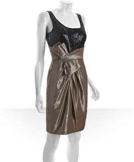 Carmen Marc Valvo black and mushroom sequined pleated skirt dress