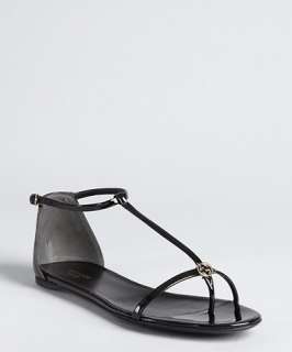 Gucci black patent leather logo t strap sandals