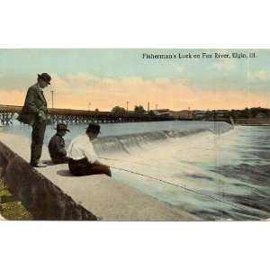  Postcard   Fishermen on Fox River   Elgin Illinois 