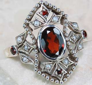 Natural 2ct Garnet Seed Pearl 925 Sterling Silver Victorian Style Ring 