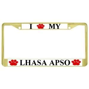  I Love My Lhasa Apso Paw Prints Dog Gold Metal License 