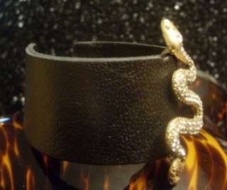   Brand BROWN LEATHER Pave SNAKE & DISCO BALL Closure WIDE CUFF BRACELET