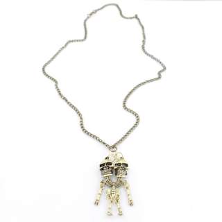 VINTAGE Gold tone Cool Double Skull Pendant NECKLACE  