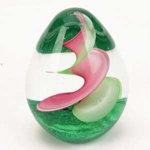  Hand Glass Art Pink Spiral Green & Clear Egg Paperweight 