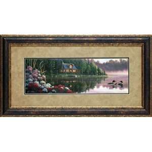   Still Waters by Kim Norlien framed 19x35 artwork loon cabin landscape