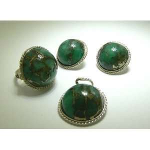  Polished Colombian Emerald Ring, Earring, Necklace Set 