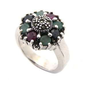 Natural Emerald Ruby Sapphire Gems Marcasite 925 Sterling Silver Ring 