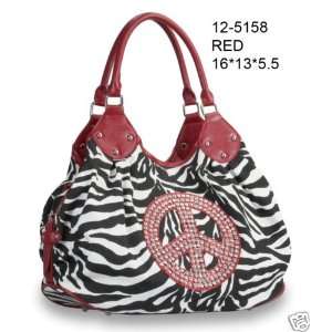   Purse Handbag with Rhinestone Peace Sign Zebra Print Hobo Tote Bag RED