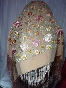 Vintage Antique Embroidered Silk with Long Fringe Piano Shawl Manton 