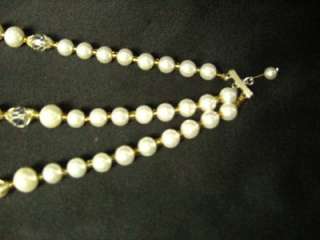 Vintage 3 Strand Pearl & AB Crystal Bicone Necklace  