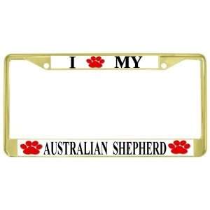 Love My Australian Shepherd Paw Prints Dog Gold Metal License Plate 