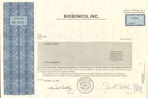 Biosonics  Pennsylvania aquatic technology stock certificate 