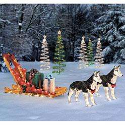  Outdoor Lighted Holiday HUSKY DOG SLED Christmas Scene Yard Art Decor