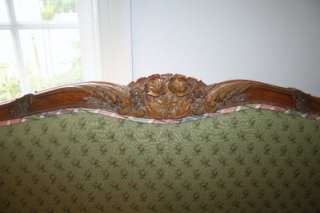 Antique Hand Carved Wooden Upholstered Queen Bed Frame  