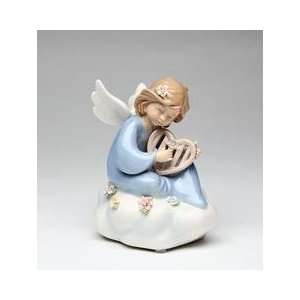   Angel in Blue Robe Sitting on White Cloud with Harp Figurine Home