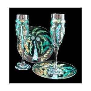 Party Palms Design   Hand Painted   Toasting Flutes   6 oz. & 7 inch 