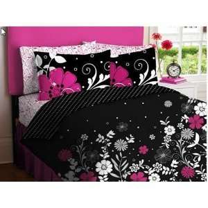 NEW Girls FULL Flowered Pink White Black Bed in a Bag COMFORTER and 