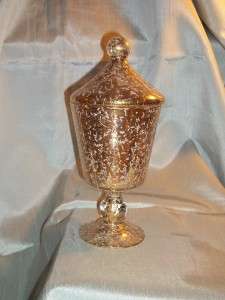 West Virginia Glass Golden Brocade Candy Dish 1950s Hollywood Regency 