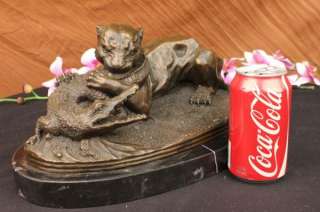 Signed Barye Black Panther Attacking Alligator Bronze Marble Sculpture 