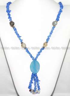 Natural Blue & Gray Agate Gemstone Long Necklace 26 MN111  