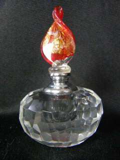 Cut Glass Perfume Bottle w Red Murano Art Glass Stopper  