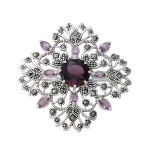   Sterling Silver Marcasite and Amethyst Color Glass Filigree Pin