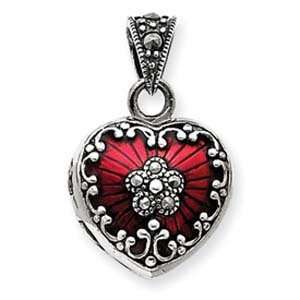    Sterling Silver Red Enamel & Marcasite Heart Locket Jewelry