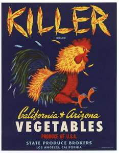 KILLER Vintage Vegetable Crate Label Rooster Chicken  