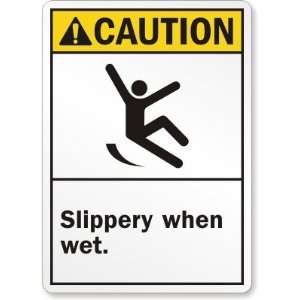 Caution (ANSI) Slippery When Wet (with graphic) Plastic Sign, 14 x 