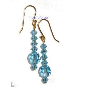  Dangle Swarovski Crystal Blue Earrings   14K Gold Plated 