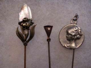 Antique Victorian Stick Pin Collection Gold? Horseshoe Cat Dog Pewter 