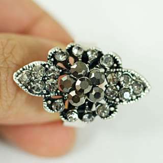   Wedding Black Floral Rhinstone Tibet Silver Adjustable Ring Fashion