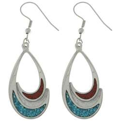 Pewter Turquoise and Coral Teardrop Earrings  