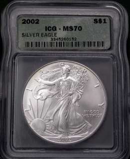 2002 $1 American Silver Eagle 1 OZ .999 Silver ICG MS70  