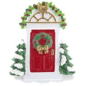  Red Door with Wreath and Evergreen Trees Christmas 