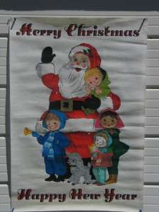 Vintage Christmas Felt Santa and Children Tapestry 50s  