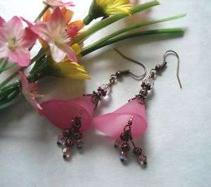Frosted Hot Pink Calla Lily Crystal Copper Earrings  