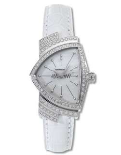Elegant Hamilton Ventura diamong watch with a white leather watchband