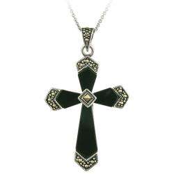 Sterling Silver Onyx and Marcasite Cross Necklace  