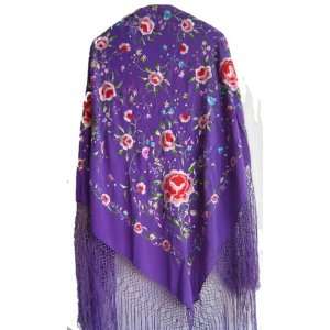   Piano Shawl Purple with Colorful Flamenco Floral Embroidery & Fringe