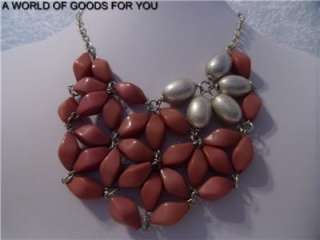 NEW ANTHROPOLOGIE SILVER AND CORAL BEADS BIB STATEMENT NECKLACE W 