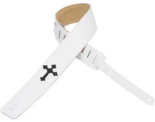 Levys WHITE Leather Guitar/Bass Strap w/ Black Christian Holy Cross 