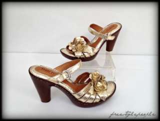 New BORN Gold Leather FLOWER Strappy Sizes 7,8,9,10 Shoes Sandals FREE 